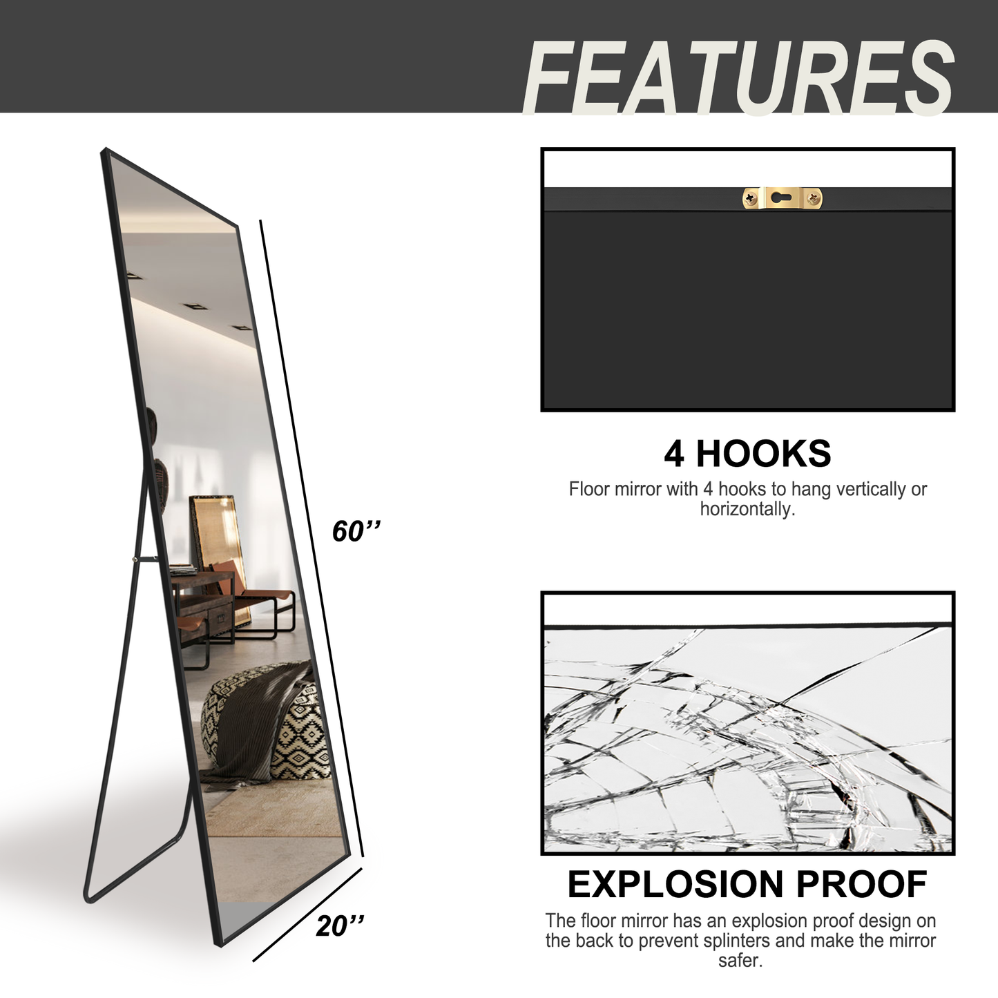 Standing Mirror Full Length Mirror,Large Floor Mirror with Aluminium Frame for Door Bedroom Bathroom Living Room (With Stand,60x20-Black)