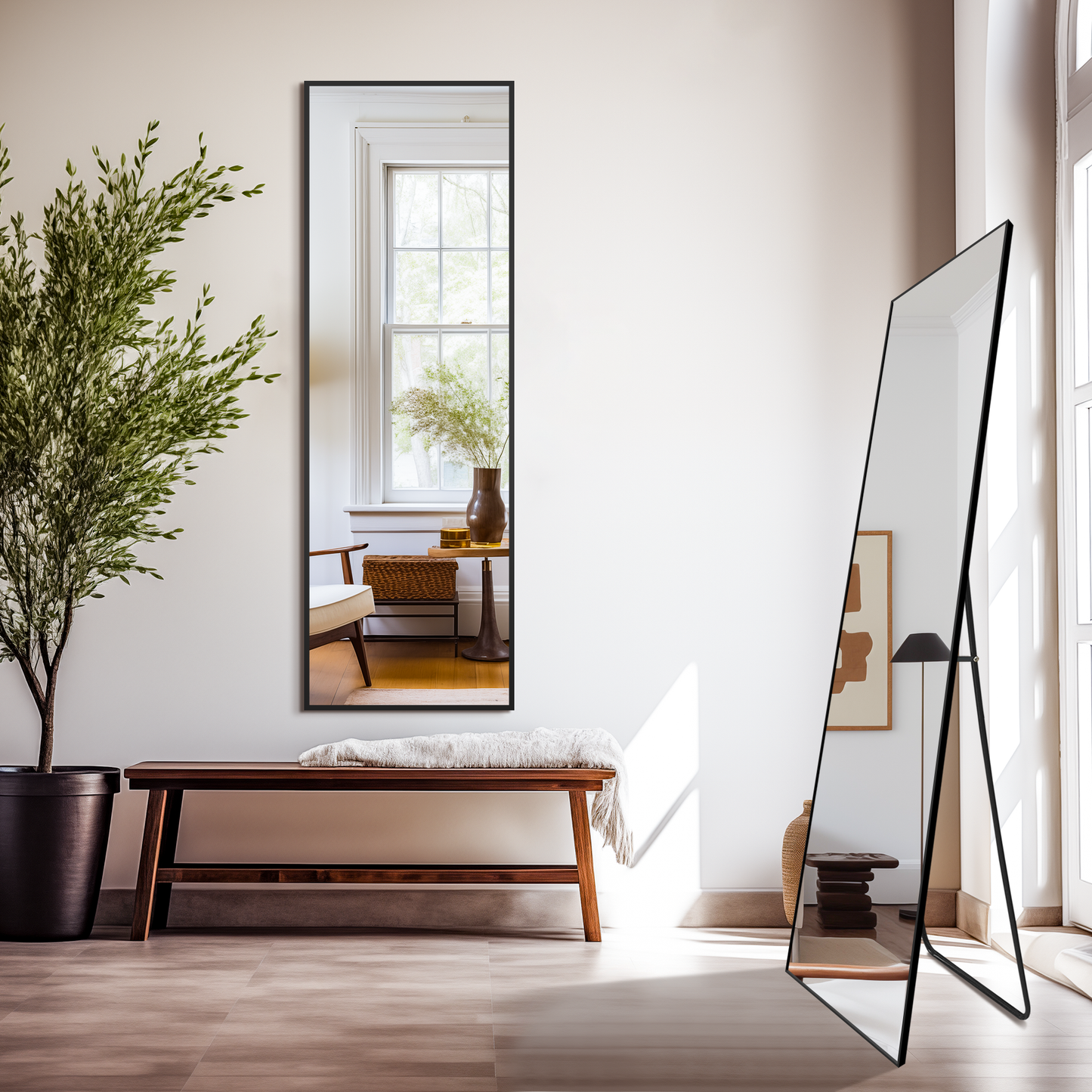 Standing Mirror Full Length Mirror,Large Floor Mirror with Aluminium Frame for Door Bedroom Bathroom Living Room (With Stand,60x20-Black)