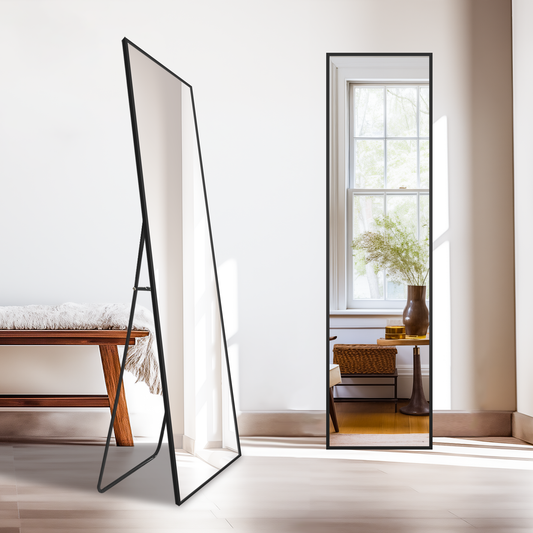 Wall Mirror Full Length Mirror,Standing Mirror Full Body,Large Floor Mirror for Wall Door Bedroom Bathroom Living Room with Aluminium Frame(With Stand,56x15-Black)