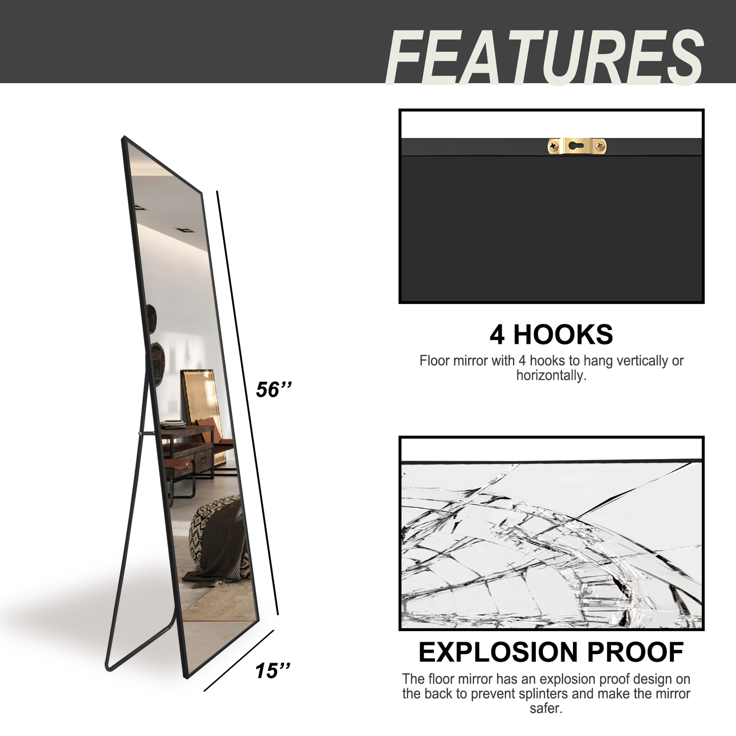 Wall Mirror Full Length Mirror,Standing Mirror Full Body,Large Floor Mirror for Wall Door Bedroom Bathroom Living Room with Aluminium Frame(With Stand,56x15-Black)