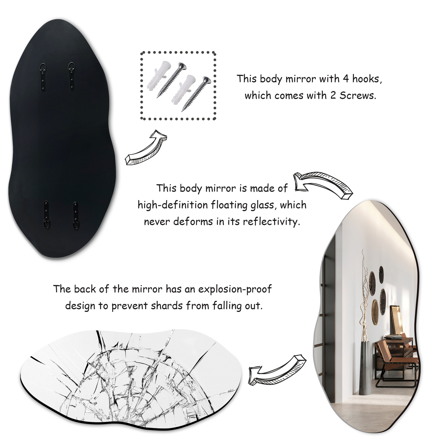 Irregular Wall Mirror for Wall, Entryway, Bedroom, Asymmetrical Mirror with Hooks, Cloud mirror, Aesthetic mirror