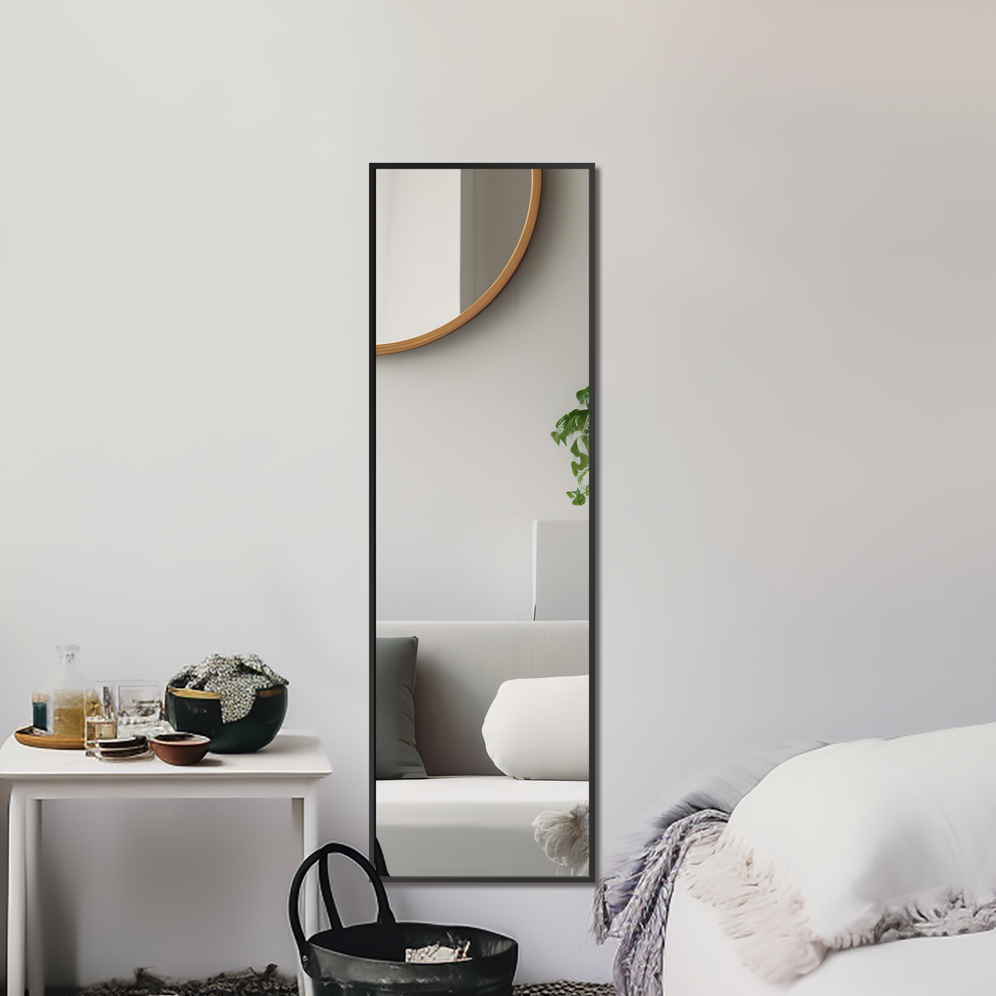 Wall Mirror Full Length Mirror,Standing Mirror Full Body,Large Floor Mirror for Wall Door Bedroom Bathroom Living Room with Aluminium Frame(With Stand,56x15-Black)